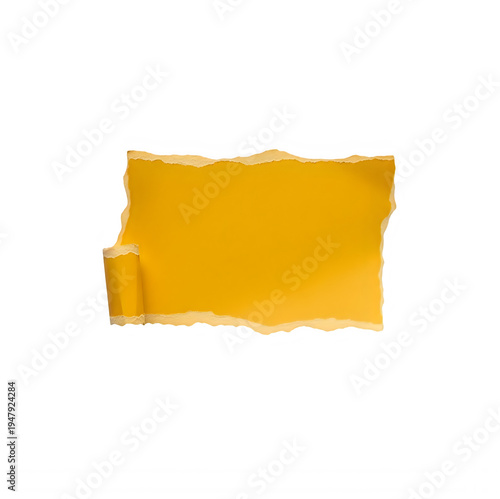 A rectangular piece of bright yellow paper featuring rough edges and a curled corner for messaging isolated on transparent background