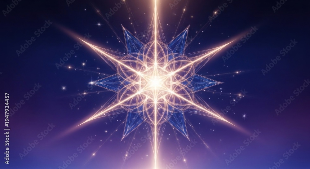Obraz premium A radiant, star-like symbol with intricate patterns and glowing points, set against a dark, starry background with a hint of blue and purple hues.