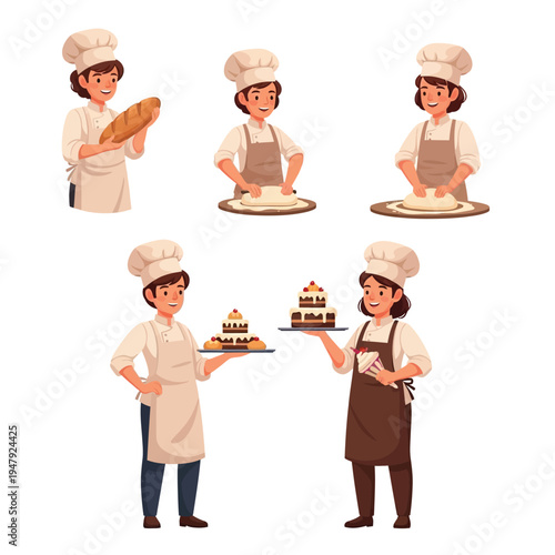 Diverse cartoon bakers showcasing different stages of baking, including kneading dough, holding fresh bread, and presenting delicious pastries and cakes.