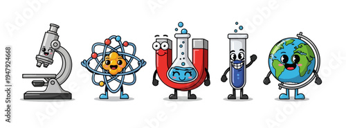 Cute science cartoon characters including microscope and globe