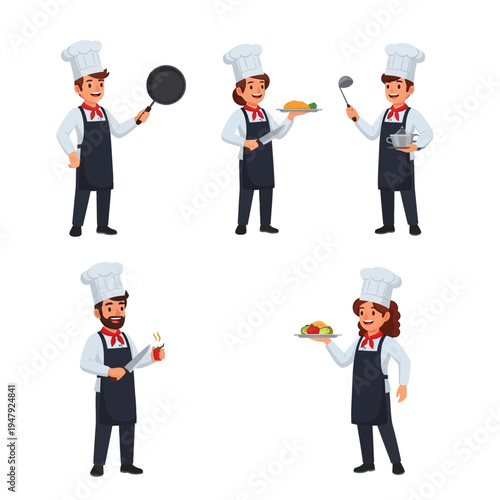 A collection of six diverse cartoon chefs in various poses, preparing and serving delicious culinary dishes.