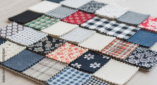 A variety of fabric samples arranged in a grid pattern on a wooden surface.