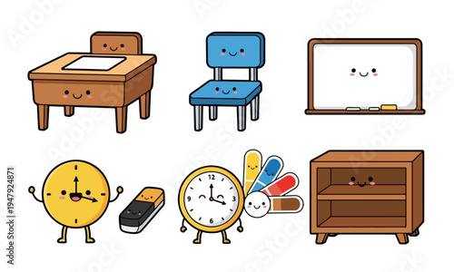 Cute Cartoon School Supplies and Furniture with Smiling Faces