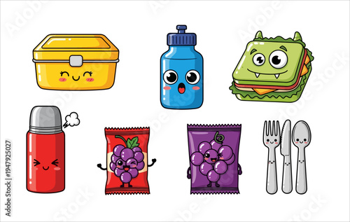 Cute Cartoon Lunchbox Items with Smiling Faces and Utensils