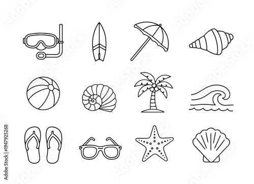 Summer Beach Icons Set: Snorkel Surfboard Umbrella Seashells Palm Tree Waves Flip Flops Sunglasses Starfish Beach BallLine Art