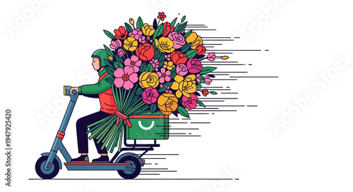 Delivery person riding scooter with large bouquet flowers