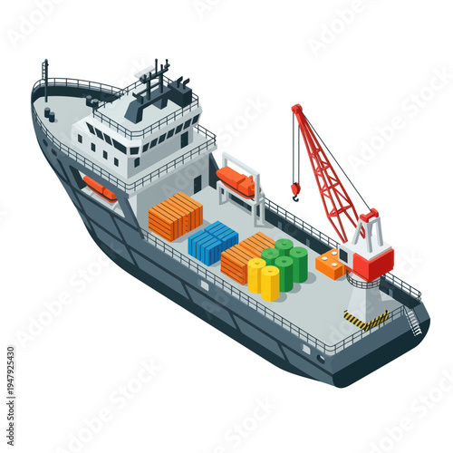 Cargo Ship with Containers and Crane.