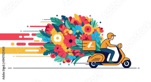 Delivery rider on scooter with colorful flower bouquet cargo