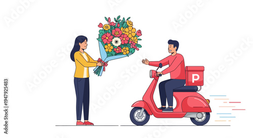 Delivery person on scooter giving bouquet of flowers to woman