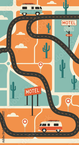 Retro camper vans driving on a winding road map through a desert landscape with cacti and motels