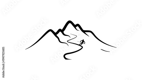 a skier descends from the mountains, black isolated silhouette
