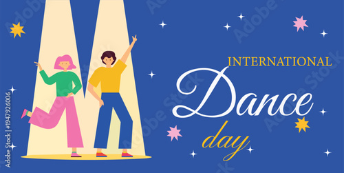 International Dance Day Celebration Poster with Dancing People on Stage Flat Vector Illustration