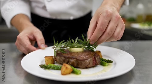 Chef expertly garnishes a steak with rosemary, potatoes, and asparagus on a plate