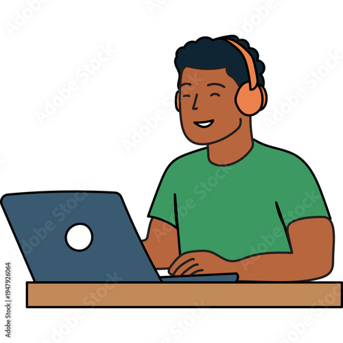 Man Working on Laptop with Headphones