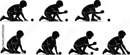 Black silhouette vector of a young boy kneeling and playing with a ball in different sequence of motion and movement.