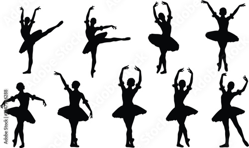 Ballet dancer silhouettes set featuring graceful ballerina poses and classical dance movements for performing arts design isolated on white background