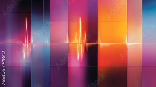 Futuristic ECG light trails with vibrant neon colors abstract medical technology background