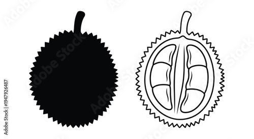 Two durian fruits one whole and one halved in black silhouette