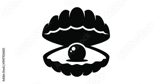 Black silhouette of an open oyster with a pearl inside silhouette