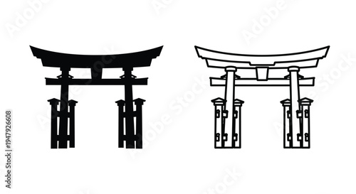 Two japanese torii gates one filled and one outlined silhouette