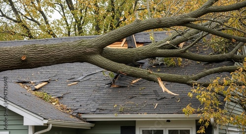 Large tree fallen on house roof, large fallen tree branch resting on the roof of a suburban house after a storm, causing visible damage to the shingles and structure during the autumn season.
