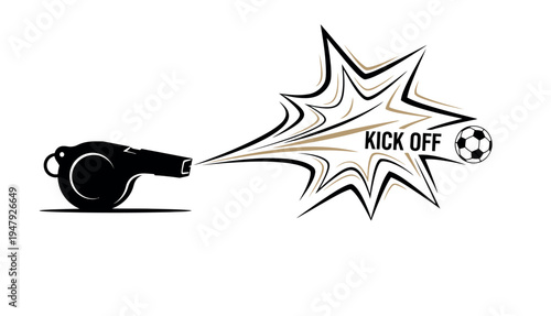 2026 Football Kick Off Concept; Referee Whistle Blowing with Soccer Ball Explosion, Championship Tournament Start, Global Cup Match Day Announcement, Sports Event Graphic, Isolated Vector Illustration