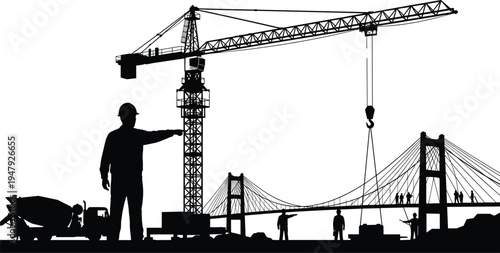 Construction site silhouette with tower crane, workers and bridge building process, heavy equipment and engineering infrastructure project isolated on white background