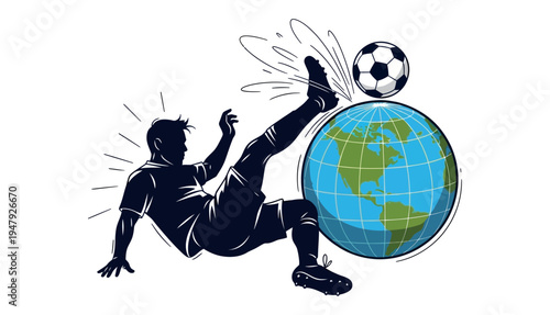 2026 World Football Championship Concept; Soccer Player Bicycle Kick Over Globe with Ball, Global Tournament Celebration, Sports Event Competition Graphic, Vector Illustration Isolated on White.