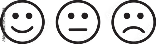 Smiling, neutral, and frowning emoticon faces on white background