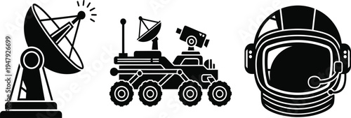 Space Exploration Icons Set with Satellite Dish, Mars Rover and Astronaut Helmet Silhouette