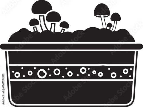 Mushroom Farming Process Showing Layered Container, Soil and and Mushrooms Growth