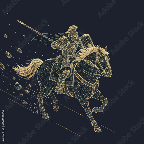 Knight Riding Horse Through Space Scene.