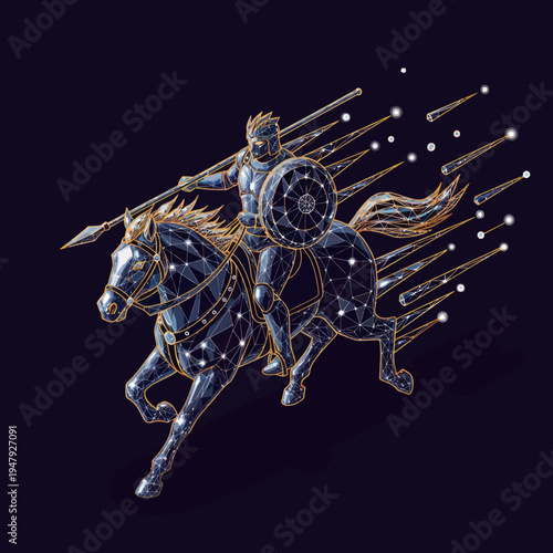 Man Riding Horse with Shield and Spear.