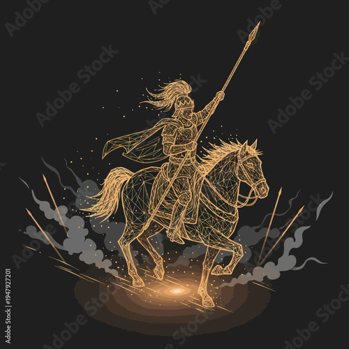 Golden Horseman Riding with Spear.