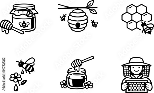 Beekeeping honey production bee hive honey jar and beekeeper line icons set