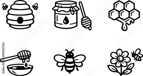 Beekeeping honey production bee hive honey jar and beekeeper line icons set. Vector