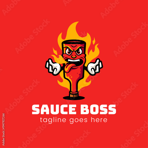Spicy Sauce Bottle Mascot Logo with Fire for Hot Food Branding
