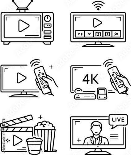 Video streaming television smart tv online video media playback line icons set. Vector