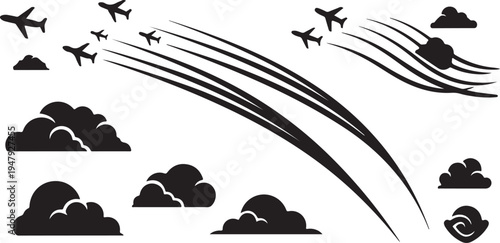 Airplanes flying in formation through cloudy skies with contrails