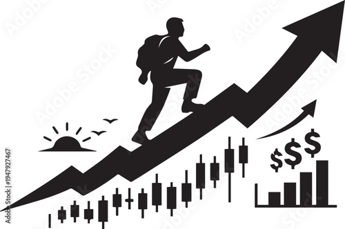 Man climbing arrow up with stock market candlestick chart and financial growth concept