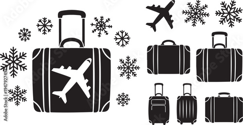Travel luggage and airplane in winter snowflakes illustration set