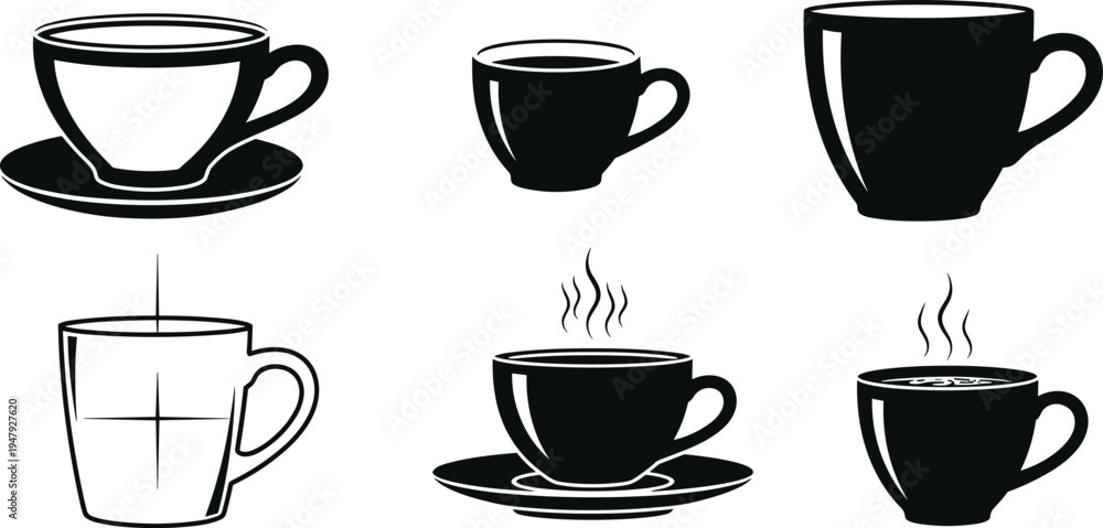 Obraz premium Coffee cup and mug icon collection with espresso latte hot drink silhouettes isolated for cafe beverage menu branding