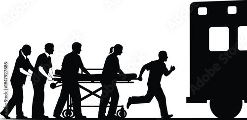 Emergency paramedic team rushing patient on stretcher to ambulance silhouette, urgent medical transport and rescue healthcare service concept isolated on white background