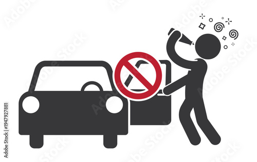 Prohibition sign warning against drunk driving showing person drinking alcohol near car symbolizing road safety restriction and accident prevention