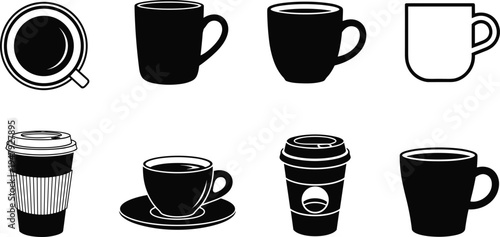 Coffee cup and takeaway mug icon collection with espresso latte drink silhouettes isolated for cafe beverage branding