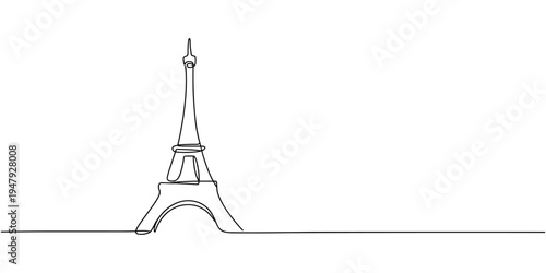 Single one line drawing of Eiffel Tower landmark wall decor poster. Iconic place in Paris, France. Tourism and travel greeting postcard concept. Modern continuous line draw design vector