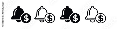 Financial Notification Bell with Dollar Sign Icon Set. Money Alert Symbol in Flat and Hand-Drawn Style.
