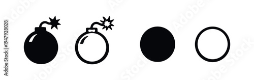 Exploding bomb vector icons set. Danger warning or threat symbols in black and outline style, isolated on white.
