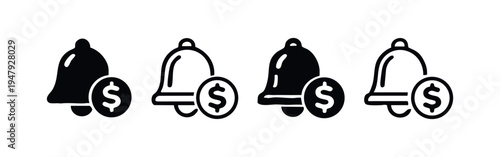Financial notification bell with dollar sign vector icons. Money alert symbol for business, payment, or income reminders.