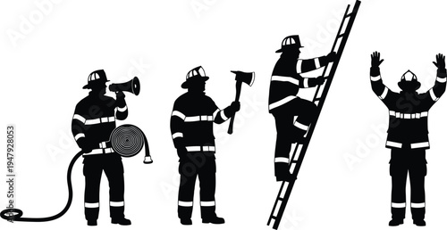 Firefighter silhouettes collection showing fireman with hose, axe, ladder and emergency response actions, rescue service workers isolated on white background